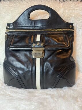 L.A.M.B. Black Leather Messenger Bag with Cream Center Stripe